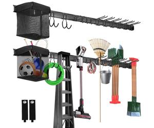 Sinoer Panier mural de gestion d'outils de garage, support métallique pour outils de jardin, rangement outils，range outils de jardin，accroche balai ，80 pouces 12 crochets，1 panier en tissu