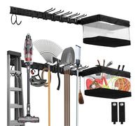 Sinoer Support de rangement d’outils de garage, support d’organisateur d’outils de jardin avec 9 crochets avec 2 sangles et 1 panier en tissu, crochets en métal réglables