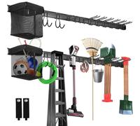 Sinoer Support mural de rangement pour outils, 203 cm, avec 1 support pour sac en tissu, 12 crochets et 2 sangles, pour équipement de ski, râteau, pelle et outils, pour garage, jardin, cour