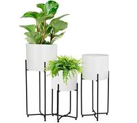 Sinolodo Lot de 3 Pots de Fleurs Blancs du Milieu du siècle avec Support Noir pour Plantes d'intérieur et Sol en métal avec Support Pliable