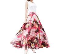 Sinono Jupe Longue en Mousseline de Soie pour Femme Motif Floral, Rouge, XX-Large