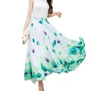 sinono Jupe longue en mousseline de soie pour femme, motif floral, vert, Taille M