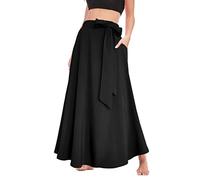 Sinono Jupe longue plissée taille haute avec poches pour femme, Noir, XL