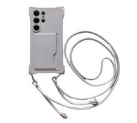 SINQERISHT Chaîne de téléphone portable pour Galaxy S24 Ultra - Avec bande - Avec compartiment pour cartes - En silicone - Anti-chocs - Avec cordon - Gris