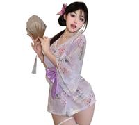 SINROYEE Tenue de cosplay sexy japonaise pour cosplay, kimono et Halloween, tenue de soubrette et ensemble de culotte, 2 Violet, taille unique