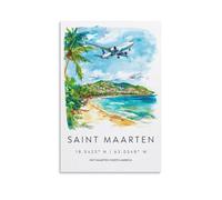Sint Maarten - Impressions sur toile de peintures à l'aquarelle du Royaume des Pays-Bas - Affiche d'œuvre d'art pour décoration d'intérieur : salon, chambre à coucher, salle de bain, bureau - 50 x 75