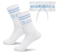 Sintege 2 Pcs Cadeaux pour Mariée Chaussettes Bleues Jarretière de Mariage Blanche avec Nœud en Ruban et Dentelle Élastique un Peu de Bleu pour une Soirée Nuptiale Enterrement(Ruban Rayé Sport Bride)