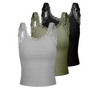 Sintege 3 Débardeurs en Dentelle pour Femme Camisoles Courtes sans Manches à Bretelles en Dentelle y2k (Gris, Vert Armée, Noir, XL)