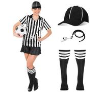Sintege 6 Pcs Chemise d'Arbitre à Rayures Noires et Blanches à Manches Longues et à Col Zippé Casquette Sifflet Acier Inoxydable avec Cordon Drapeau de Pénalité Jaune Rouge Chaussettes Rayées (M)