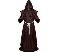 Sintege Robe de Moine à Capuche Médiévale d'Halloween Robe de Prêtre Adulte Déguisement de Prêtre Costume de Sorcier avec Corde de Taille de Cape et Collier de Croix (Marron, XL)