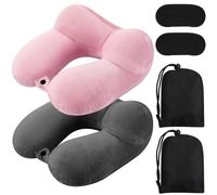 Sintuff Lot de 2 oreillers de voyage gonflables pour avions, oreillers de cou gonflables avec sac compact et bandeau pour les yeux, oreiller de vol doux pour voyage, avion, train, voiture, bureau