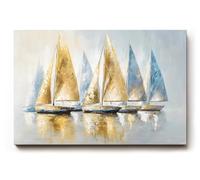 Sinus Art Tableau mural 120 x 80 cm Motif dynamique avec sept voiliers dans des tons bleus et dorés - Élégant et maritime à la fois