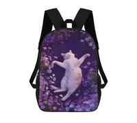sinyumoney 17inch Fluffy Cat in Purple Flowers Sac À Dos Scolaire Imprimé 3D Pour Enfants, Sac D'école Tendance Et Décontracté Pour Garçons, Élèves Du Primaire Et Du Collège