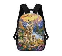 sinyumoney 17inch Wolf Family in Wildflowers-2 Sac À Dos Scolaire Imprimé 3D Pour Enfants, Sac D'école Tendance Et Décontracté Pour Garçons, Élèves Du Primaire Et Du Collège