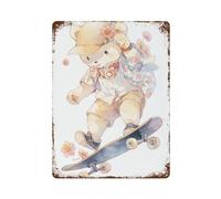 sinyumoney Affiche humoristique en métal représentant un ours en peluche faisant du skateboard - Décoration murale pour piscine, clubs, bars et espaces extérieurs - Sealine - 40 x 30 cm