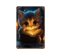 sinyumoney Affiche murale rétro en métal représentant un chat lisant à la lueur d'une bougie, idéale pour une chambre, un salon, un garage, un jardin ou un pub. Dimensions : 30 x 20 cm.