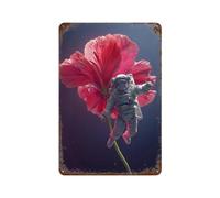 sinyumoney Astronaut Floating with Giant Flower Décoration Murale Rétro En Métal : Plaques En Tôle Pour Cafés, Pubs, Clubs, Salons, Bars, Cuisines, Balcons11.8 x7.9