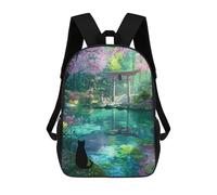 sinyumoney Black Cat at Shrine Cherry Blossom Pond Sac À Dos Scolaire Enfant Tendance Et Décontracté, Sac À Dos Imprimé En 3D Pour Garçon, Grand Sac À Dos 17inch
