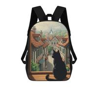 sinyumoney Black Cat Gazing at Rainy Town Sac À Dos Scolaire Pour Enfants 17 Pouces, Sac À Dos Décontracté Pour Les Voyages, Grand Sac À Dos De Jour Pour Garçons Et Filles 17inch