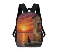 sinyumoney Black Cat Watching Sunset Painting Sac À Dos Scolaire Enfant Tendance Et Décontracté, Sac À Dos Imprimé En 3D Pour Garçon, Grand Sac À Dos 17inch