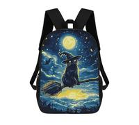 sinyumoney Black Cat Witch on Broom Sac À Dos Scolaire Imprimé En 3D, Sac À Dos Décontracté Pour Enfants, Sac D'école Imprimé En 3D Pour Garçons, Primaire Et Collège 17inch