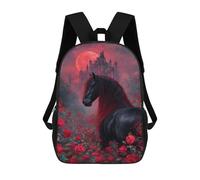 sinyumoney Black Horse Red Roses Castle 17inch Sacs À Dos Scolaires Imprimés En 3D - Sacs À Dos Tendance Pour Garçons Du Primaire Et Du Collège