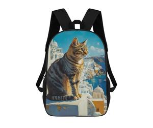 sinyumoney Cat Overlooking Santorini Sacs À Dos Pour Enfants 17inch Sac À Dos Scolaire, Sac D'école Imprimé En 3D Pour Garçons, Élèves Du Primaire Et Du Collège