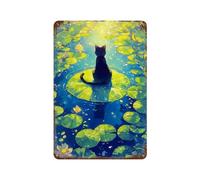 sinyumoney Chat noir sur nénuphar - Plaque murale en métal rétro Pound Lake, décoration murale pour pub, club, café, bar ou maison, 30 x 20 cm (11,8 x 7,9 pouces).
