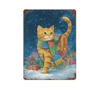 sinyumoney Christmas Cat with Presents-2 Affiche Rétro En Métal, Plaque Décorative Chic, Peinture Sur Fer Rétro, Décoration Murale Pour Bar, Café, Garage Familial15.7 x11.8