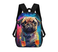 sinyumoney Colorful Pug with Drinks Sacs À Dos Tendance Imprimés En 3D 17inch Sac D'école Décontracté Pour Enfants, Garçons, Élèves Du Primaire Et Du Collège