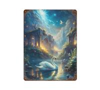 sinyumoney Cygne dans un paysage fantastique avec des ruines - Plaque murale décorative en métal rétro - Cadeau pour femme - Décoration pour la maison ou le bar - 40 x 30 cm