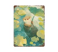 sinyumoney Décoration murale rétro en métal « Loutre sous la pluie avec nénuphar » pour atelier, salle de jeux, bar, cuisine, 40 x 30 cm