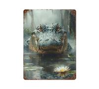 sinyumoney Décoration murale rétro en métal représentant un alligator dans un marais avec un nénuphar, idéale pour un atelier, une salle de jeux, un bar ou une cuisine. Dimensions : 40 x 30 cm.