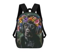 sinyumoney Dog Wearing Headphones with Flowers Sac À Dos Scolaire Pour Enfants, 43 Cm (17 Pouces), Imprimé En 3D, Pour Garçons, Élèves Du Primaire Et Du Collège