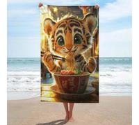 sinyumoney Ensemble de Serviettes de Plage « Tiger Eating Ramen Basics » : Serviette légère, Douce et absorbante idéale pour Les Voyages, Le Camping et la Plage (130 cm x 80 cm).