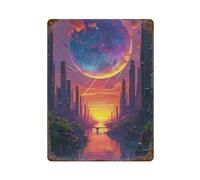 sinyumoney Fantasy Cityscape with Giant Planet Décoration Murale En Fer Forgé, Panneau En Étain, Pour Jardin, Ferme, Salon, Extérieur, Clubs15.7 x11.8