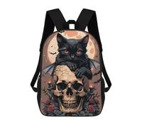 sinyumoney Halloween Black Cat on Skull -2 Sac À Dos Scolaire Imprimé En 3D Pour Enfants, Sac À Dos De Voyage, Sac Tendance Et Décontracté Pour Écoliers 17inch