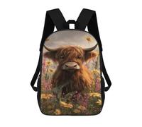sinyumoney Highland Cow in Flower Field-1 Sacs À Dos 17 Pouces Pour Enfants, Sacs D'école Imprimés En 3D Pour Élèves Du Primaire Et Du Collège, Garçons Et Filles