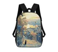 sinyumoney Japanese Street Scene with Black Cat Sac À Dos Scolaire Pour Enfants Imprimé En 3D, Idéal Pour Les Voyages Et Les Lectures, Pour Les Garçons Et Les Élèves Du Primaire 17inch