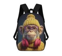 sinyumoney Monkey with Headphones And Knit Hat Sac À Dos Scolaire Pour Enfants, 43 Cm (17 Pouces), Imprimé En 3D, Pour Garçons, Élèves Du Primaire Et Du Collège