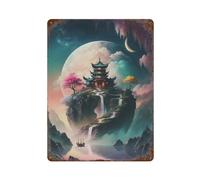 sinyumoney Pagode au sommet du rocher - Affiche rétro en métal - Peinture sur fer rétro chic pour piscine, clubs, bars et espaces extérieurs - Sealine - 40 x 30 cm