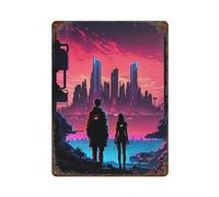 sinyumoney Plaque décorative en aluminium représentant la silhouette d'une ville du futur, idéale comme cadeau pour femme ou pour décorer un bar ou une maison (15,7 x 11,8 pouces).