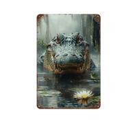 sinyumoney Plaque en métal vintage représentant un alligator dans un marais avec un nénuphar. Idéale pour bars, cafés, pubs, clubs, salons, cuisines, balcons. 30 x 20 cm.
