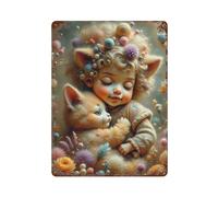 sinyumoney Plaque en métal vintage représentant un enfant mignon avec un chat dans un décor féerique et magique, style rétro, idéale pour atelier, salle de jeux, bar ou cuisine (15,7" x 11,8").