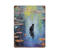 sinyumoney Plaque murale en métal Chat noir Monet Nénuphar, style vintage, décoration murale pour intérieur/extérieur, style ferme, 40 x 30 cm