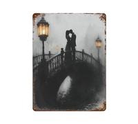 sinyumoney Plaque murale en métal rétro « Baiser romantique sur un pont » avec anthracite et lanterne lumineuse, style rétro, pour pub, club, café, bar ou maison. Dimensions : 40 cm x 30 cm.
