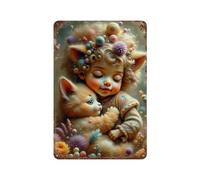 sinyumoney Plaques en métal décoratives représentant un enfant mignon avec un chat parmi les fleurs - Décoration murale en métal pour piscine, clubs et bars extérieurs - Sealine - 30 x 20 cm