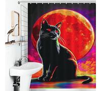sinyumoney Rideau de Douche Chat Noir aux Yeux Rouges sur Fond de Pleine Lune, en Polyester épais, résistant et imperméable, Anti-moisissure, pour Enfants, Femmes et Hommes (143 x 180 cm)