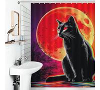 sinyumoney Rideau de Douche en Polyester imperméable et Anti-moisissures, Motif Chat Noir aux Yeux Rouges sur Fond de Pleine Lune (136 x 180 cm)