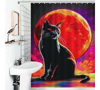 sinyumoney Rideau de Douche en Tissu imperméable Anti-moisissure avec Crochets, Motif Chat Noir aux Yeux Rouges sur Fond de Pleine Lune (136 x 180 cm)